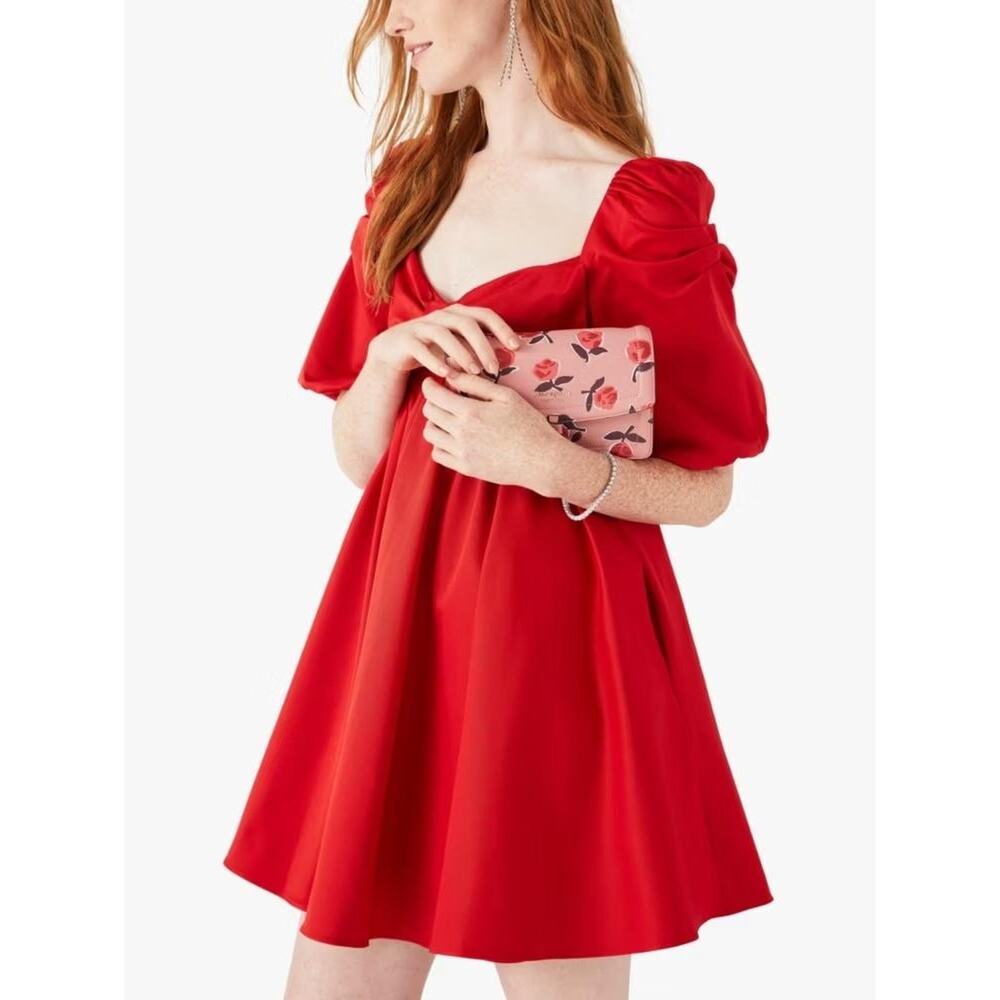 Kate Spade New York Dress Women's 8 Red Puff Sleeve Babydoll Mini Sweetheart Bow - Picture 1 of 12